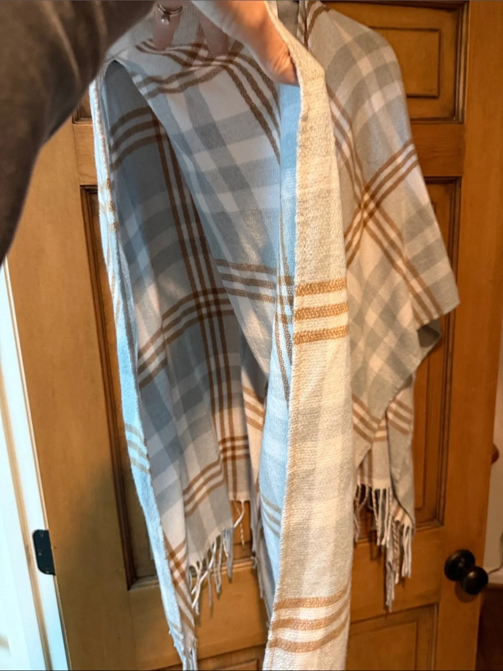 Three Dots Light Blue and Tan Plaid Fringe Wrap